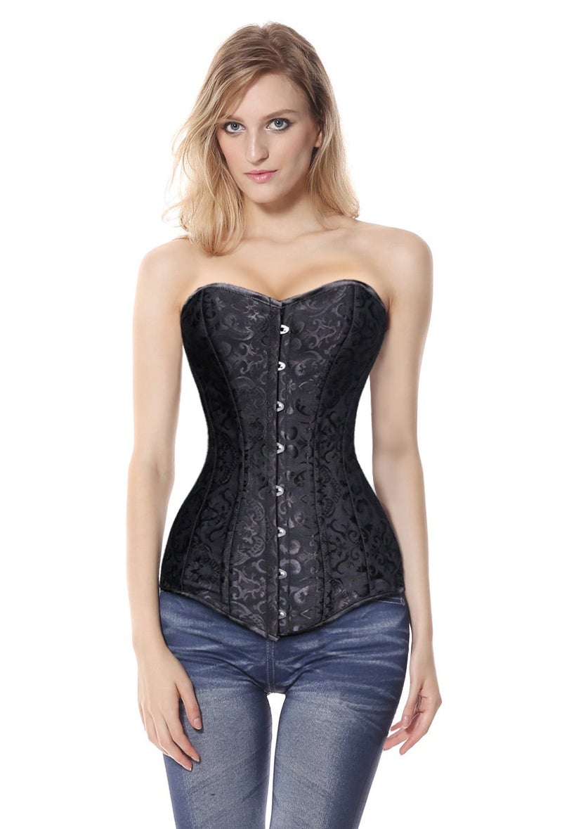 Charmian Women's 26 Steel Boned Brocade Long Torso Hourglass Body Shaper Corset Black X-Large - Image 3